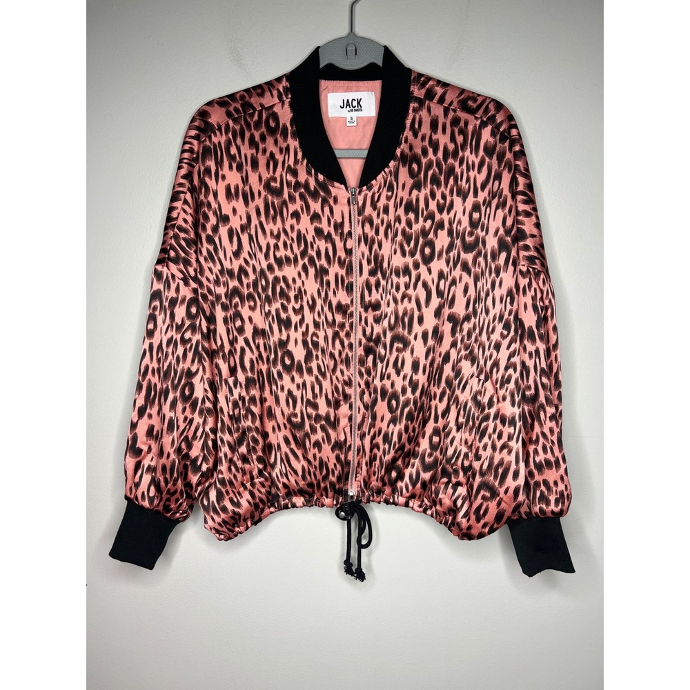 Jack BB Dakota Pink Leopard Print Satin Bomber Jacket Zip Drawstring Waist Small
